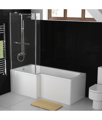 iBathUK Trace Left Hand L-Shaped Shower Bath, Modern Straight Acrylic Bathtub with Glass Screen & Matching Front Panel, L Sha...