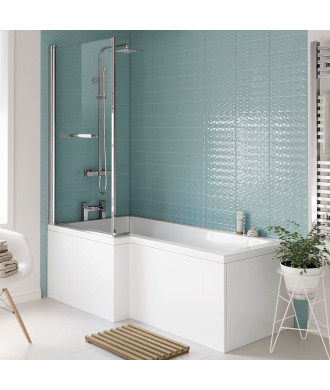 iBathUK Brim Left Hand L-Shaped Shower Bath, Acrylic Bathtub with Glass Screen & Matching Front Panel Bathroom Set, L Shaped ...