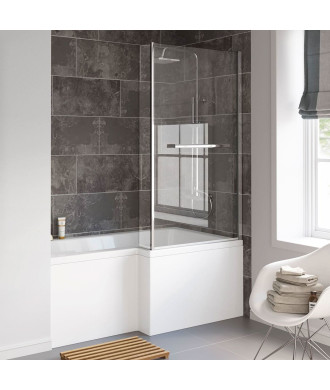 iBathUK Zenvy Right Hand L-Shaped Bath, 6mm Glass Shower Screen, Rail & Front Panel Included, L Shaped Bath Screen, 1500x850mm