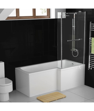 iBathUK Zenvy Right Hand L-Shaped Shower Bath, Modern Straight Acrylic Bathtub with Glass Shower Screen Set, L Shaped Bath Sc...