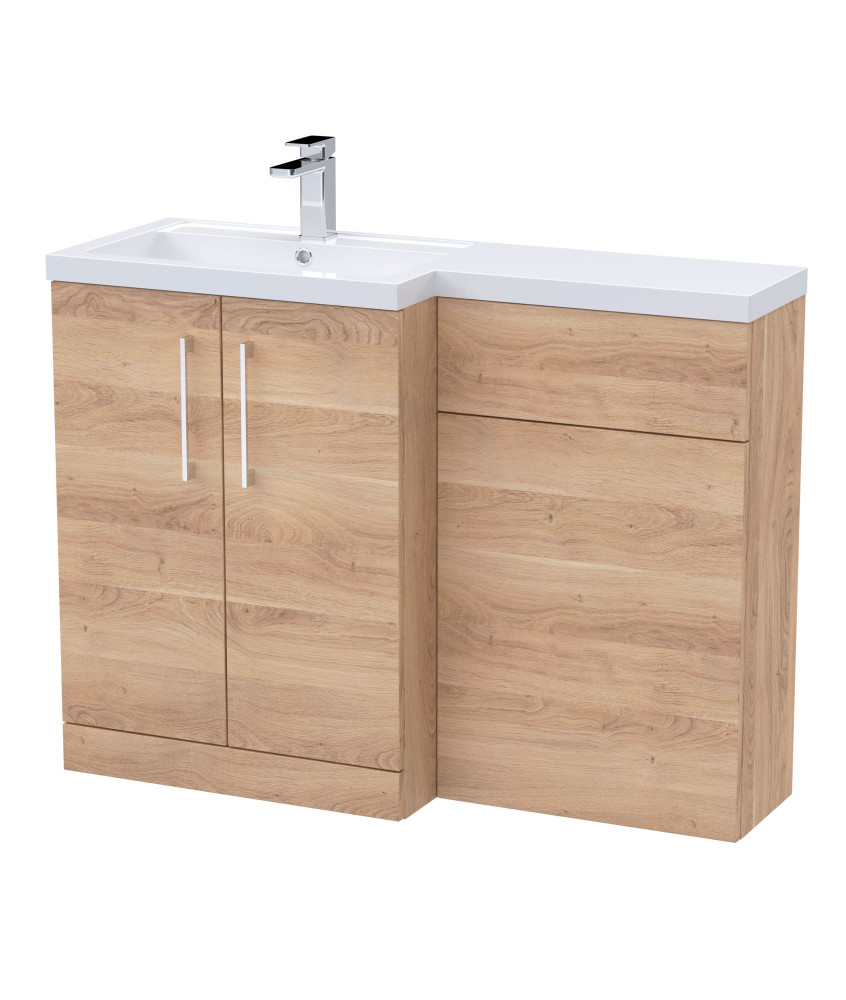 Nuie 1100mm Left Hand Combination, Polymarble Basin Pre-drilled with 1 Tap Hole, Bathroom Storage Unit in Bleached Oak