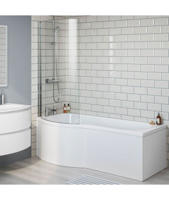 iBathUK Soffra Left Hand P-Shaped Shower Bath, Luxury Acrylic Bathtub with Glass Shower Screen & Matching Front Panel, P Shap...