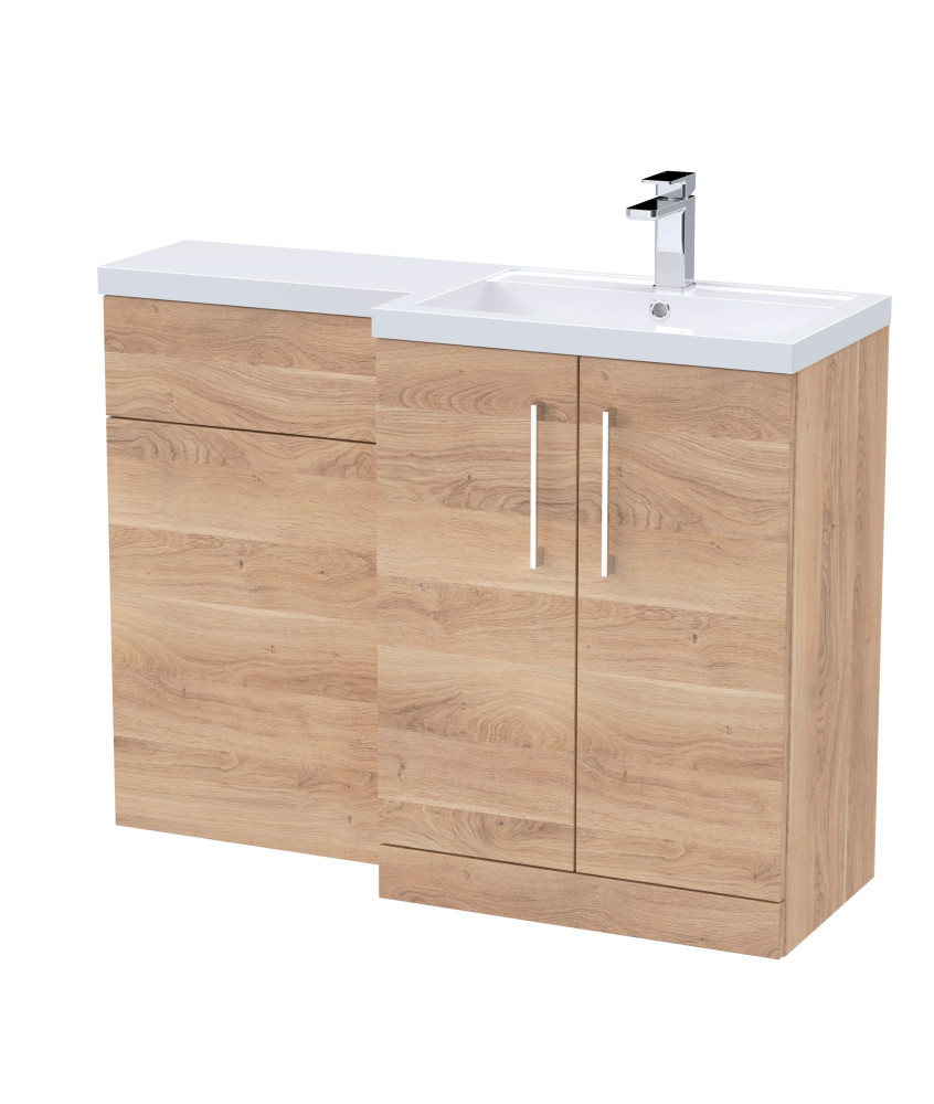 Nuie 1100mm Right Hand Combination, Polymarble Basin Pre-drilled with 1 Tap Hole, Bathroom Storage Unit in Bleached Oak
