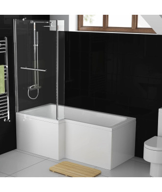 iBathUK Veil Left Hand L-Shaped Shower Bath, Modern Acrylic Bathtub with Glass Shower Screen & Matching Front Panel, L Shaped...