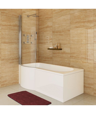 iBathUK Elan Left Hand P-Shaped Shower Bath, Modern Acrylic Tub with Glass Screen & Front Panel Set, P Shaped Bath with Scree...