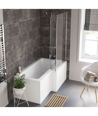 iBathUK Strux Right Hand L-Shaped Shower Bath, Modern Acrylic Bath with Toughened Glass Screen Included, P Shaped Bath with S...