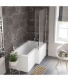 iBathUK Strux Right Hand L-Shaped Shower Bath, Modern Acrylic Bath with Toughened Glass Screen Included, P Shaped Bath with S...