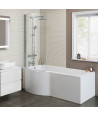 iBathUK Strux Left Hand P-Shaped Shower Bath with Glass Screen & Front Panel, Modern P Shaped Bath with Screen, 1700 x 850mm