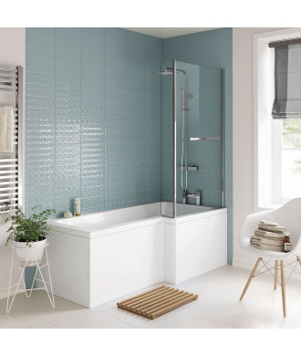 iBathUK Axis Right Hand L-Shaped Shower Bath, Includes Glass Screen, Rail & Front Panel, Modern Space-Saving L Shaped Bath Sc...