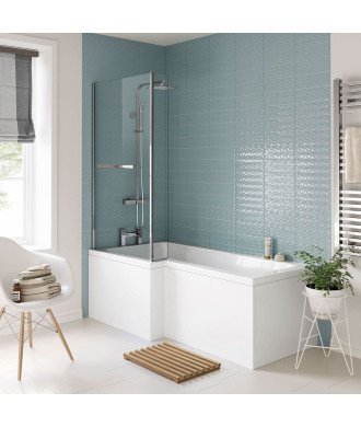 iBathUK Axis Left Hand L-Shaped Shower Bath, Includes Glass Screen, Rail & Front Panel, Modern Space-Saving L Shaped Bath Scr...