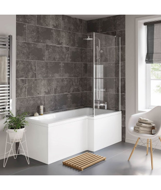 iBathUK Axis Right Hand L-Shaped Shower Bath, Includes Glass Screen & Front Panel, Modern Space-Saving Bath Design, Durable L...