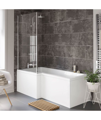 iBathUK Axis Left Hand L-Shaped Shower Bath, Includes Glass Screen & Front Panel, Modern Space-Saving Bath Design, Durable L ...