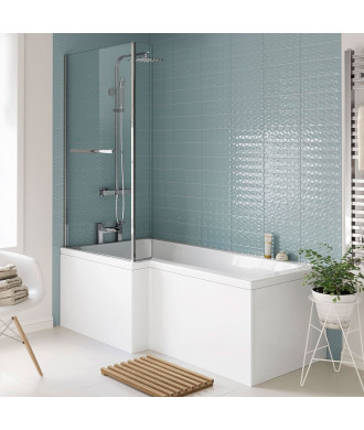 iBathUK Axis Left Hand L-Shaped Bath with Screen, Rail & Front Panel, Modern Shower Bath, Durable L Shaped Bath Screen, 1500 ...
